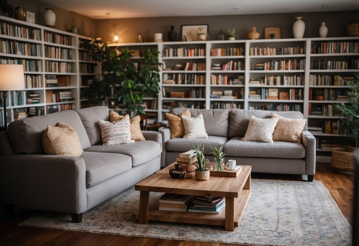 A cozy living room with a large, comfortable sofa and a coffee table surrounded by shelves filled with books and decorative items