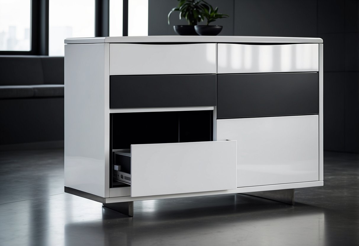 A sleek, modern commode with clean lines and a minimalist design. Its functionality is highlighted by its ample storage space and smooth, easy-to-open drawers