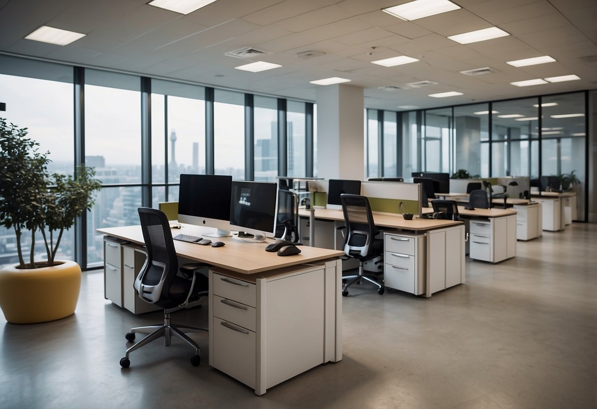 A modern office space with sleek desks, ergonomic chairs, and built-in storage solutions. The furniture is designed for functionality and efficiency, with clean lines and contemporary finishes