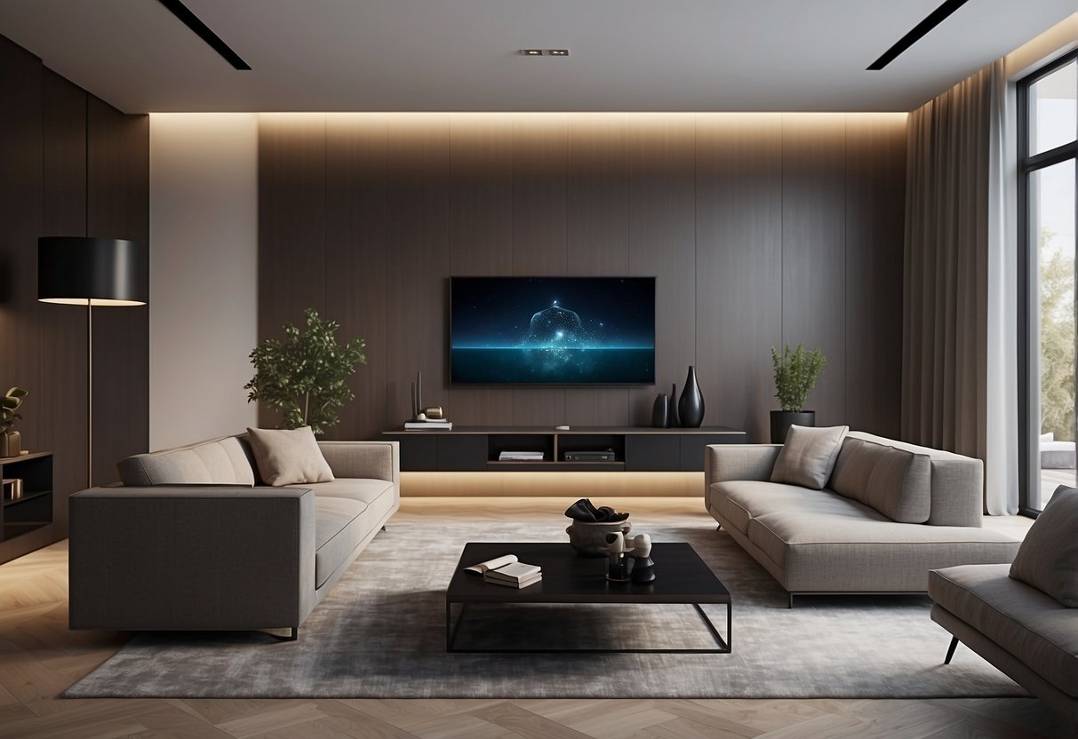 A modern living room with sleek IMG furniture, featuring a comfortable sofa, a stylish coffee table, and a minimalist entertainment center