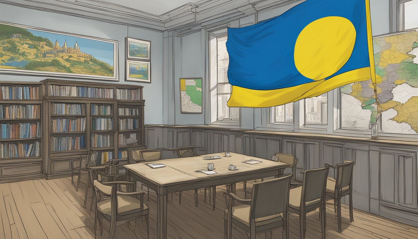 A map of Ukraine hangs on the wall behind O'Neill, with a Ukrainian flag draped over a nearby table. A poster advocating for support of Ukraine is prominently displayed