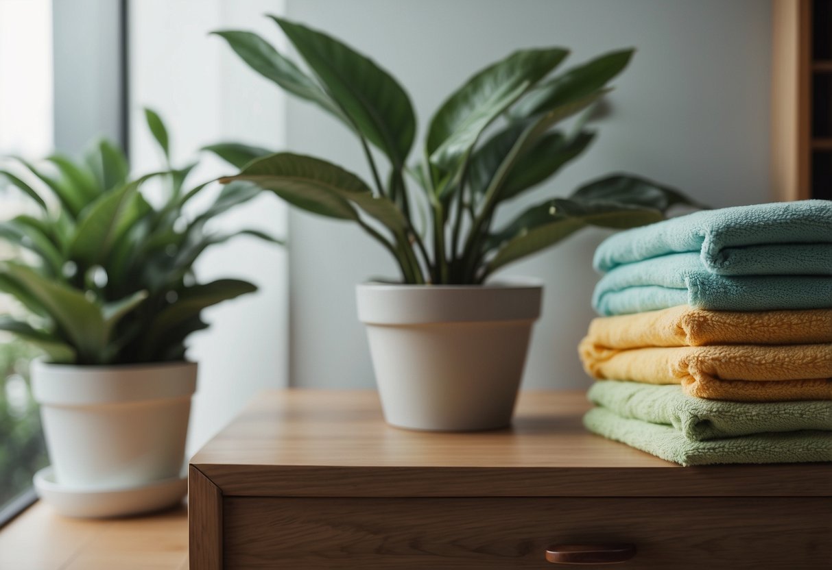A sleek, modern commode furniture piece with a stack of neatly folded towels on top, and a small potted plant sitting on a shelf below