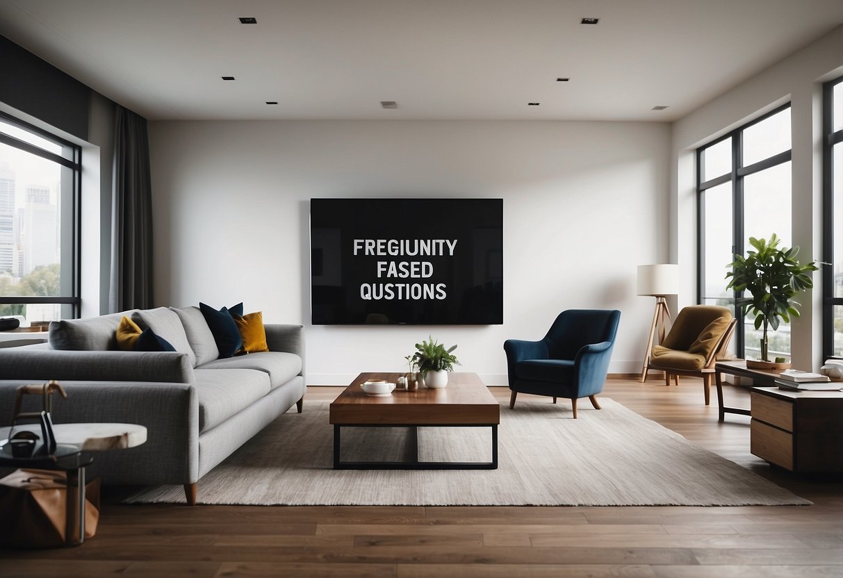 A room with various furniture pieces labeled "Frequently Asked Questions" in a modern, minimalist style