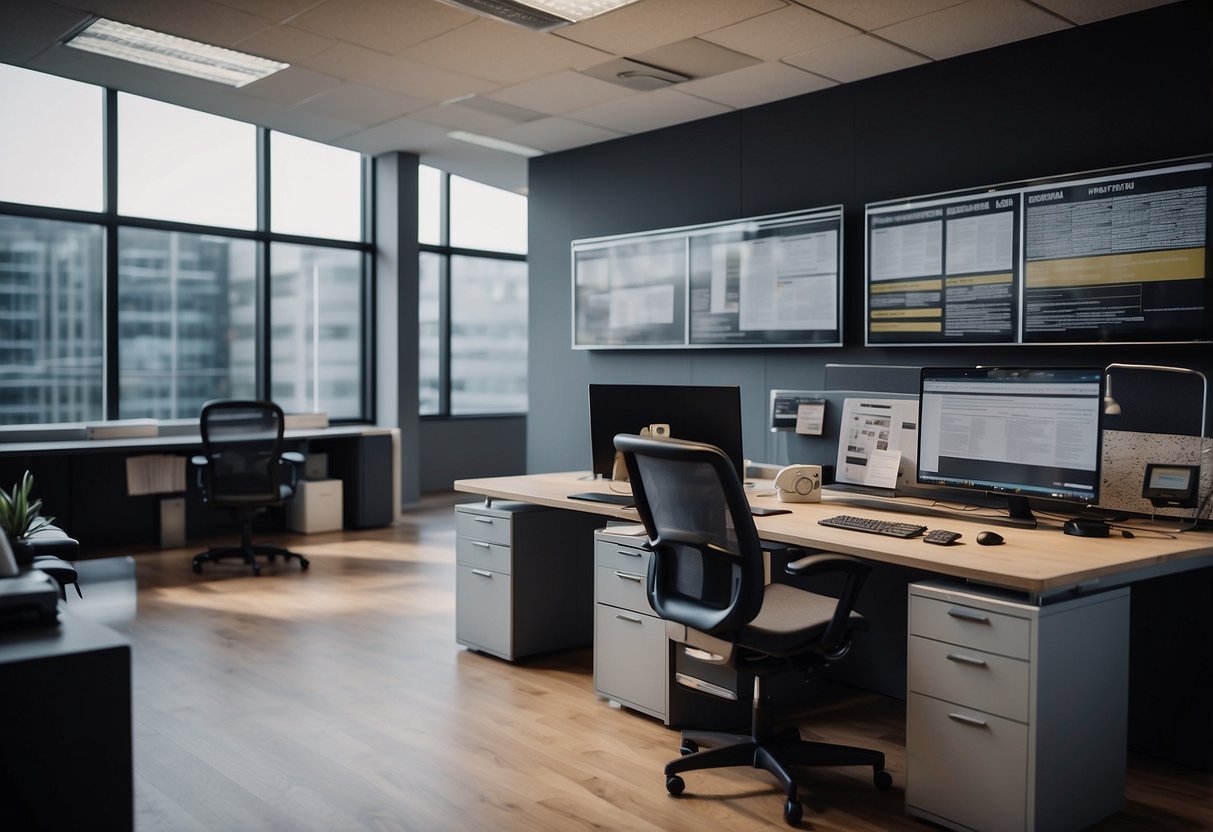 A modern office with sleek furniture, a large desk with a computer, and a bulletin board filled with news articles and FAQs