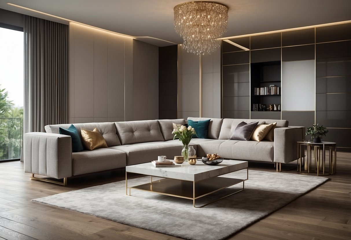 A modern living room with IMG furniture collections, featuring sleek sofas, elegant coffee tables, and contemporary lighting