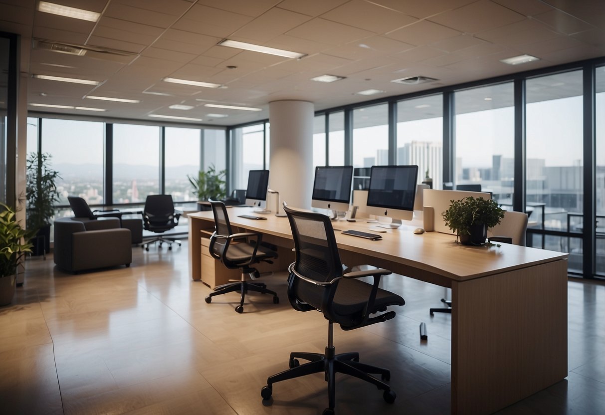 A modern office space with sleek, ergonomic furniture arranged in an open layout. Bright, natural light fills the room, highlighting the stylish and functional pieces