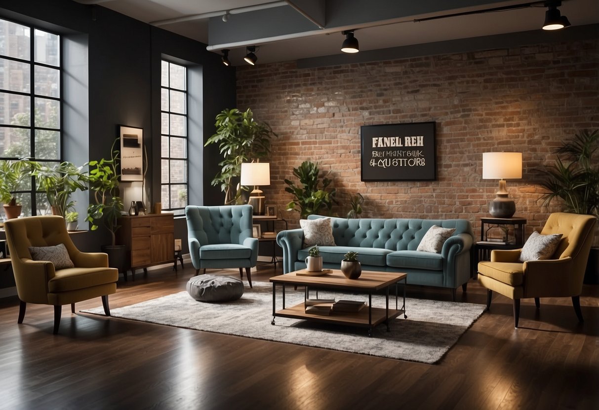 A room with various furniture pieces, including a sofa, table, and chairs, with a sign or label reading "Frequently Asked Questions" prominently displayed