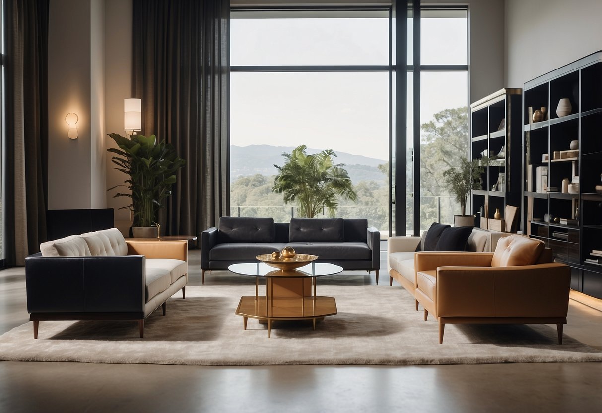 A showroom filled with sleek, minimalist modern furniture. A sign reads "Frequently Asked Questions" about classic pieces for sale