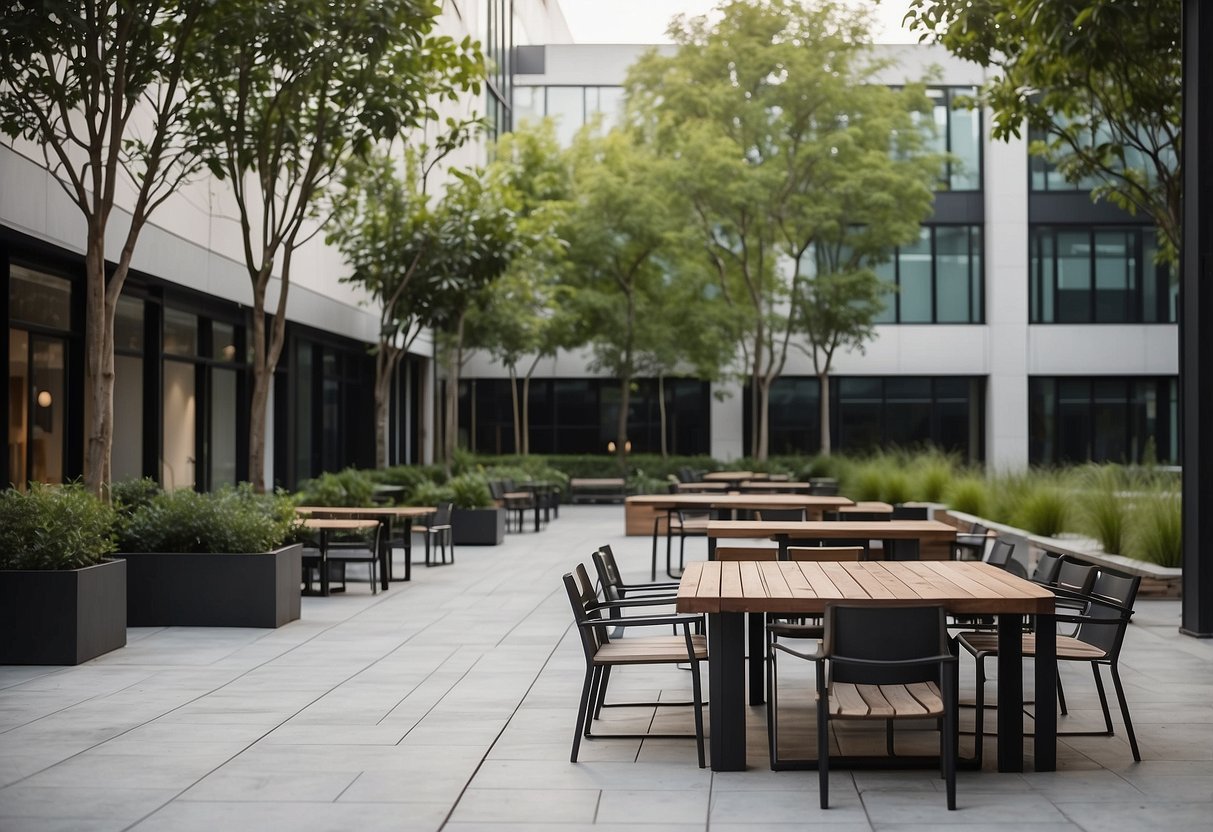 The industrial outdoor furniture sits in a spacious courtyard, surrounded by modern buildings and lush greenery. The sleek metal and wood designs provide a contemporary and functional touch to the urban setting