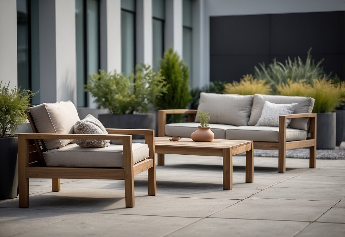 The industrial outdoor furniture is arranged in a modern and minimalist design, with clean lines and neutral colors. The space is open and inviting, with a mix of seating options and functional elements like tables and planters