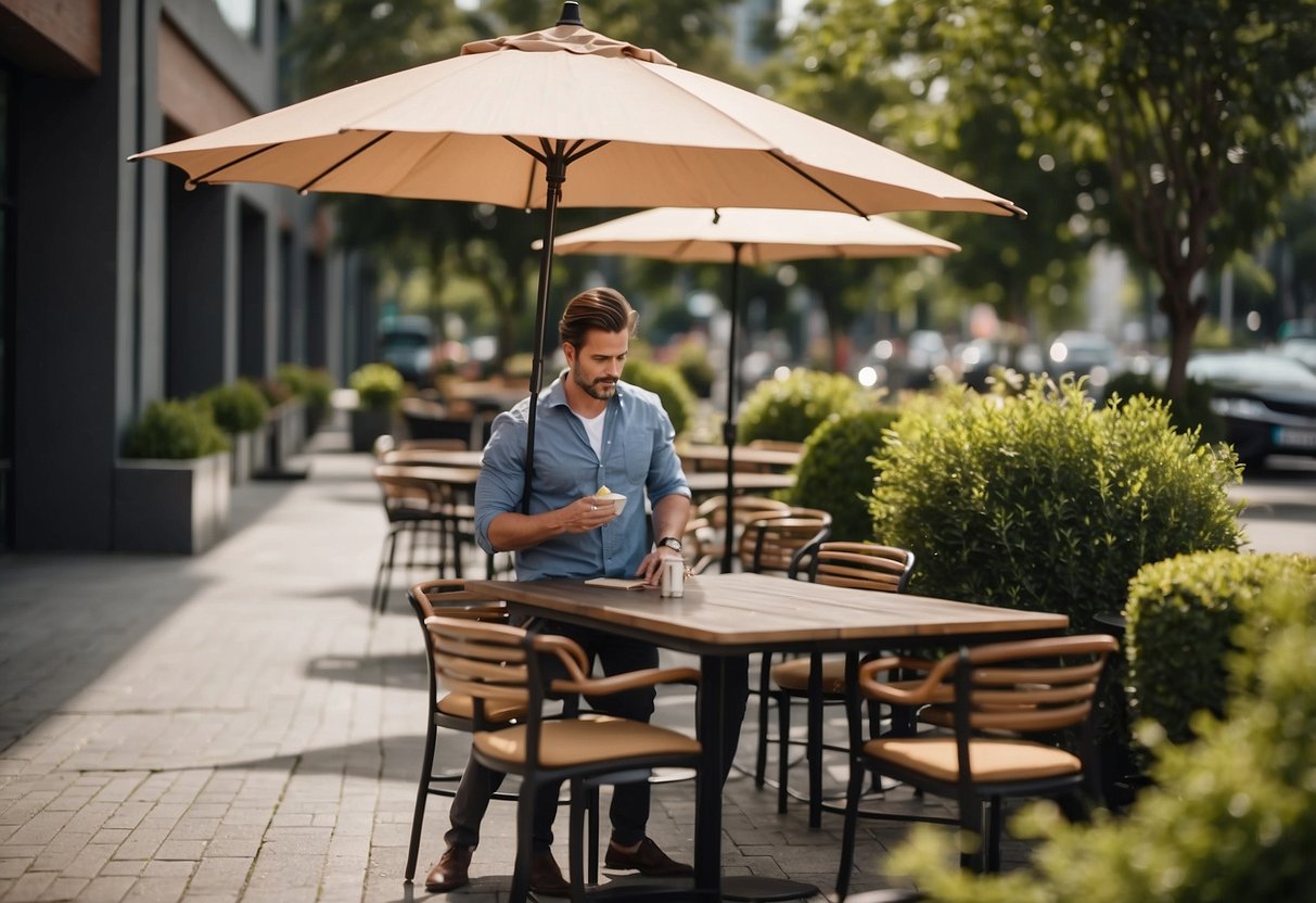 A person is choosing industrial outdoor furniture for a commercial space. Various options are displayed, including tables, chairs, and umbrellas