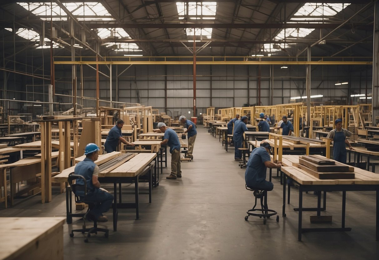A bustling outdoor furniture factory with workers assembling tables and chairs. A large sign reads "Frequently Asked Questions" in bold letters