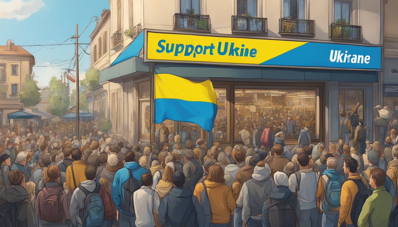 A landscape with a large "Support Ukraine" banner displayed prominently at a Billabong store, surrounded by people showing solidarity