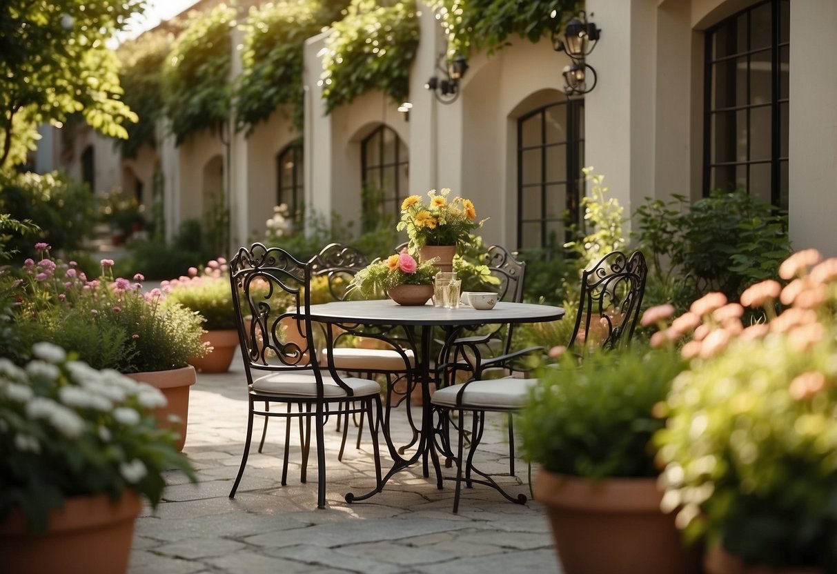 A sunny courtyard with elegant wrought iron tables and chairs, surrounded by lush greenery and colorful flowers