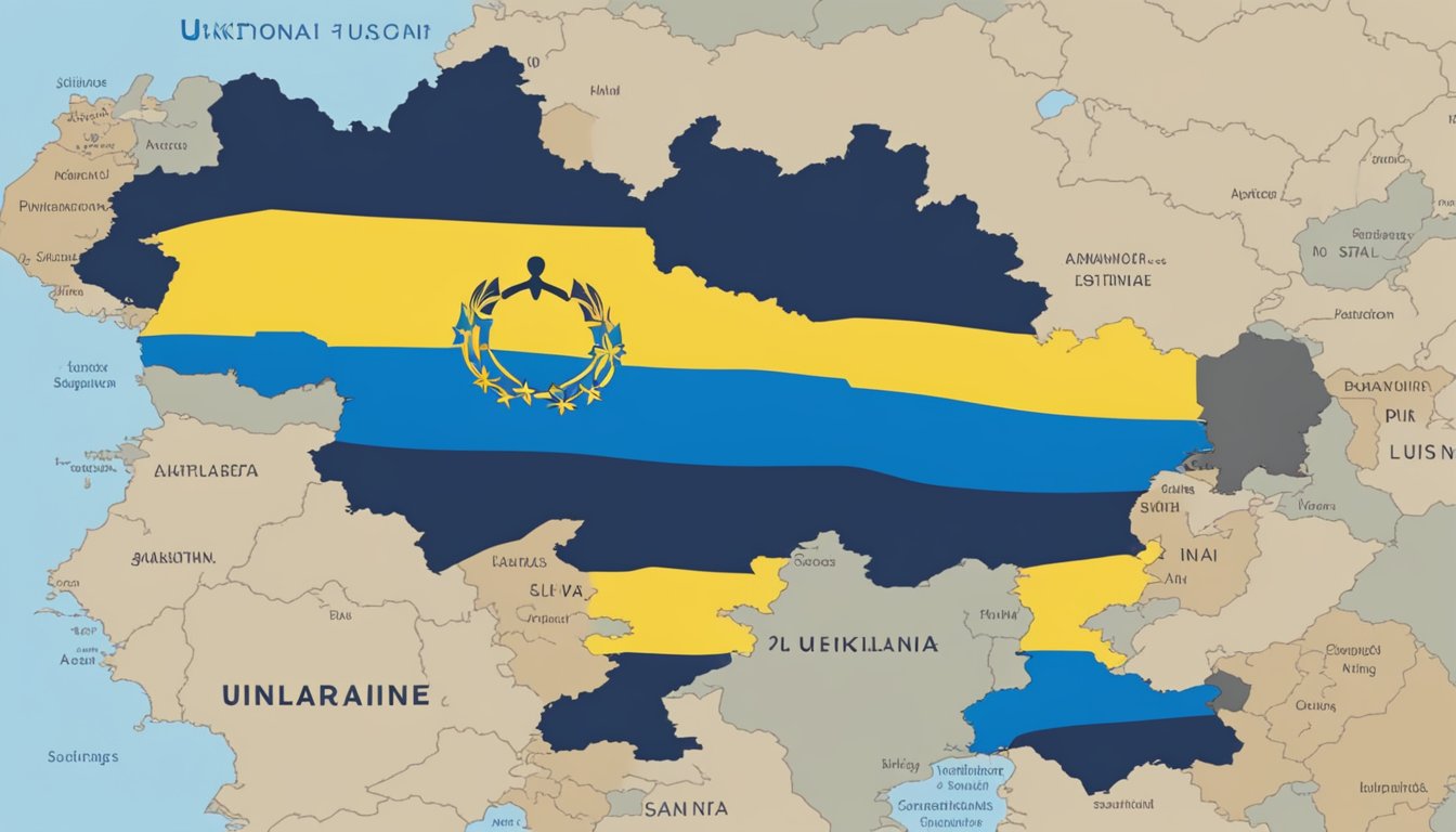 Billabong's Position on the Ukraine Situation: A map of Ukraine with a question mark above it, surrounded by various flags and a scale of justice