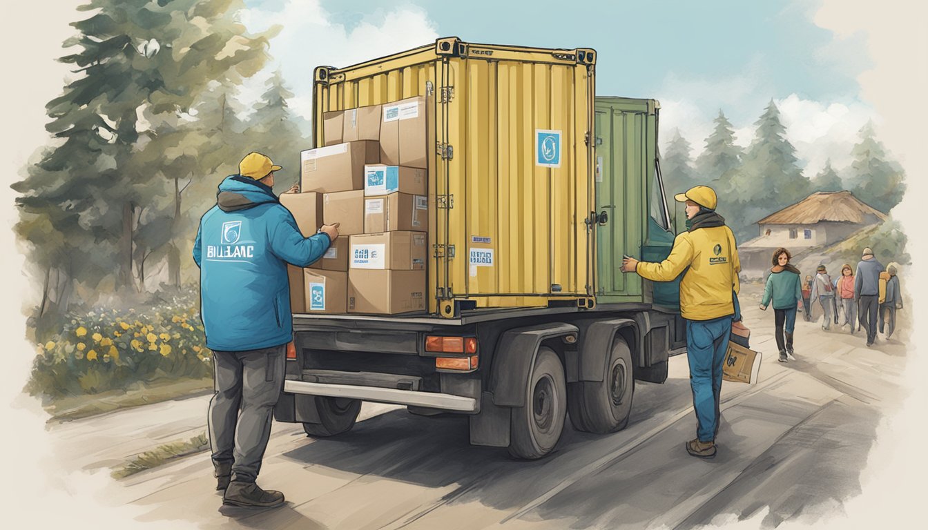 Billabong supports Ukraine with humanitarian efforts and donations. A scene could depict a package being delivered to a Ukrainian family in need, with the Billabong logo visible on the packaging