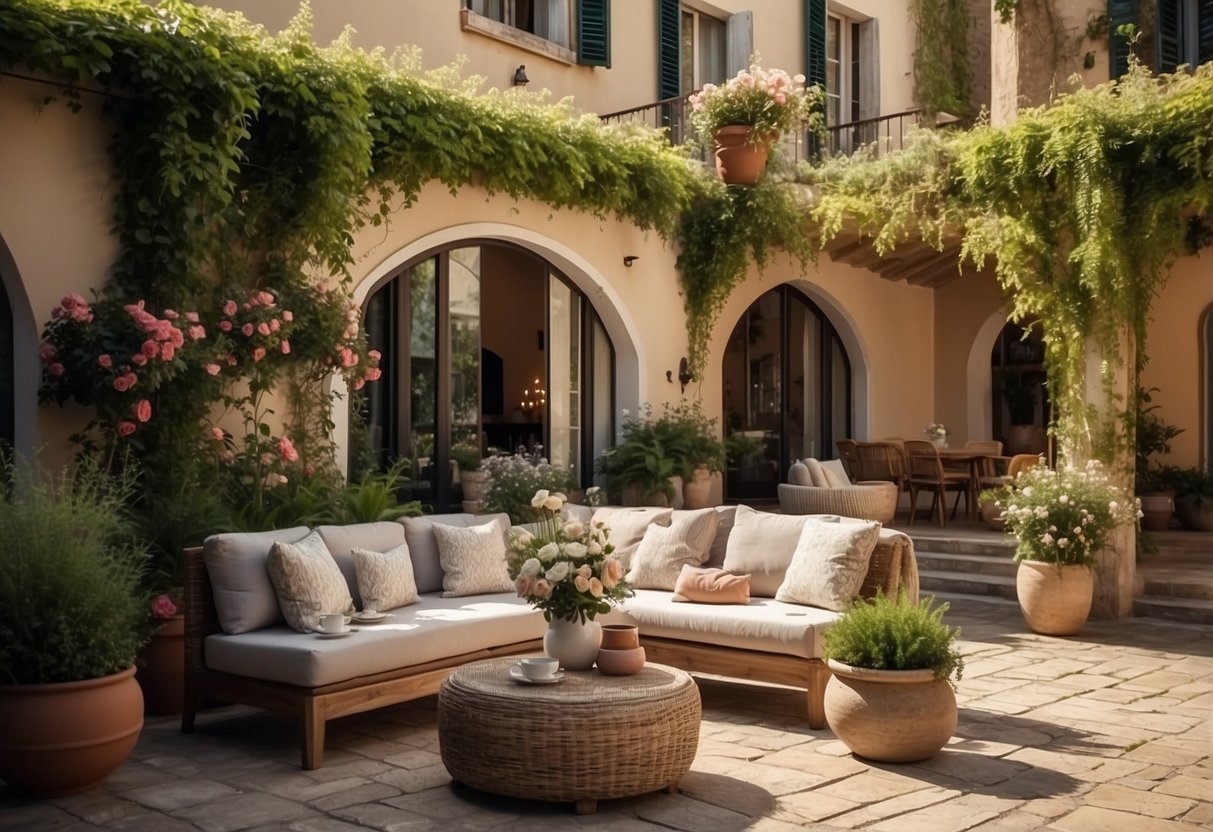 A cozy outdoor patio with Italian furniture, surrounded by lush greenery and blooming flowers, with a warm, inviting ambiance