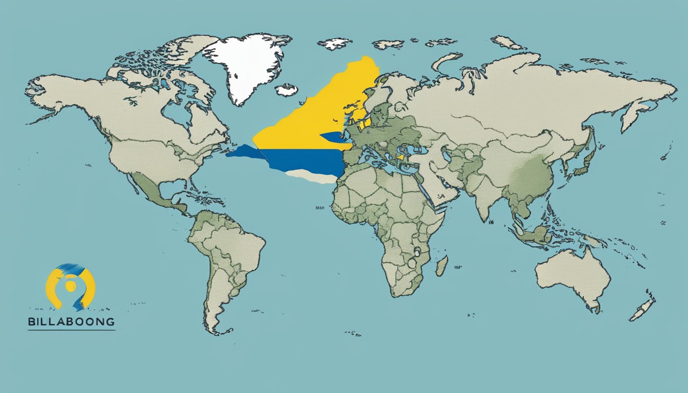 The illustration shows a world map with highlighted regions, representing the global political landscape. A corporate logo, like Billabong, appears next to a question mark over Ukraine