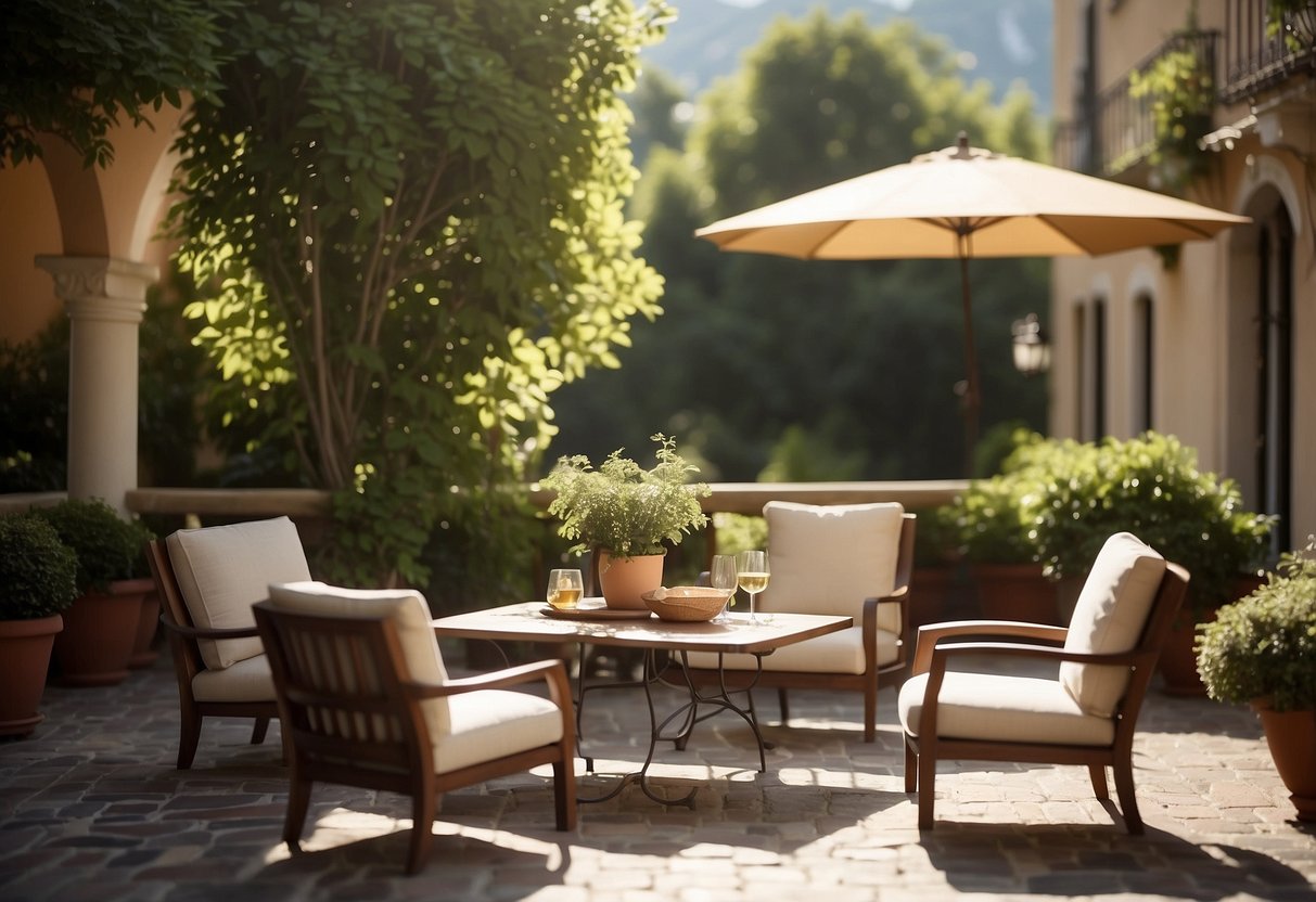 A sunny outdoor patio with elegant Italian furniture arranged in a welcoming and inviting manner. The setting exudes a sense of relaxation and comfort, with lush greenery and a picturesque view in the background