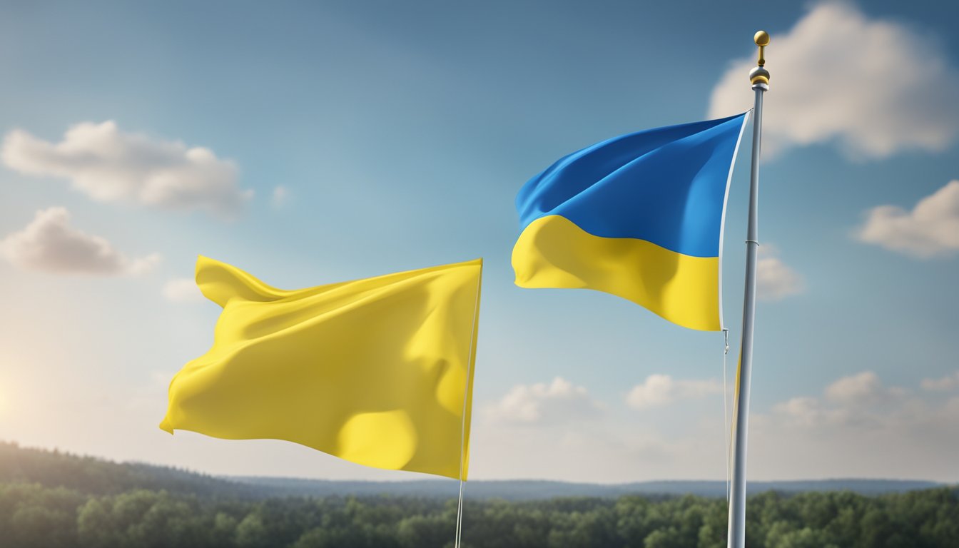 A flag of Ukraine flying proudly in the wind, with a sign reading "Support Ukraine" next to it