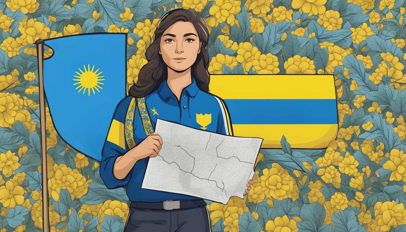 Roxy stands beside a Ukrainian flag, holding a sign with "Support Ukraine" written boldly. A map of Ukraine is displayed in the background, surrounded by symbols of unity and peace