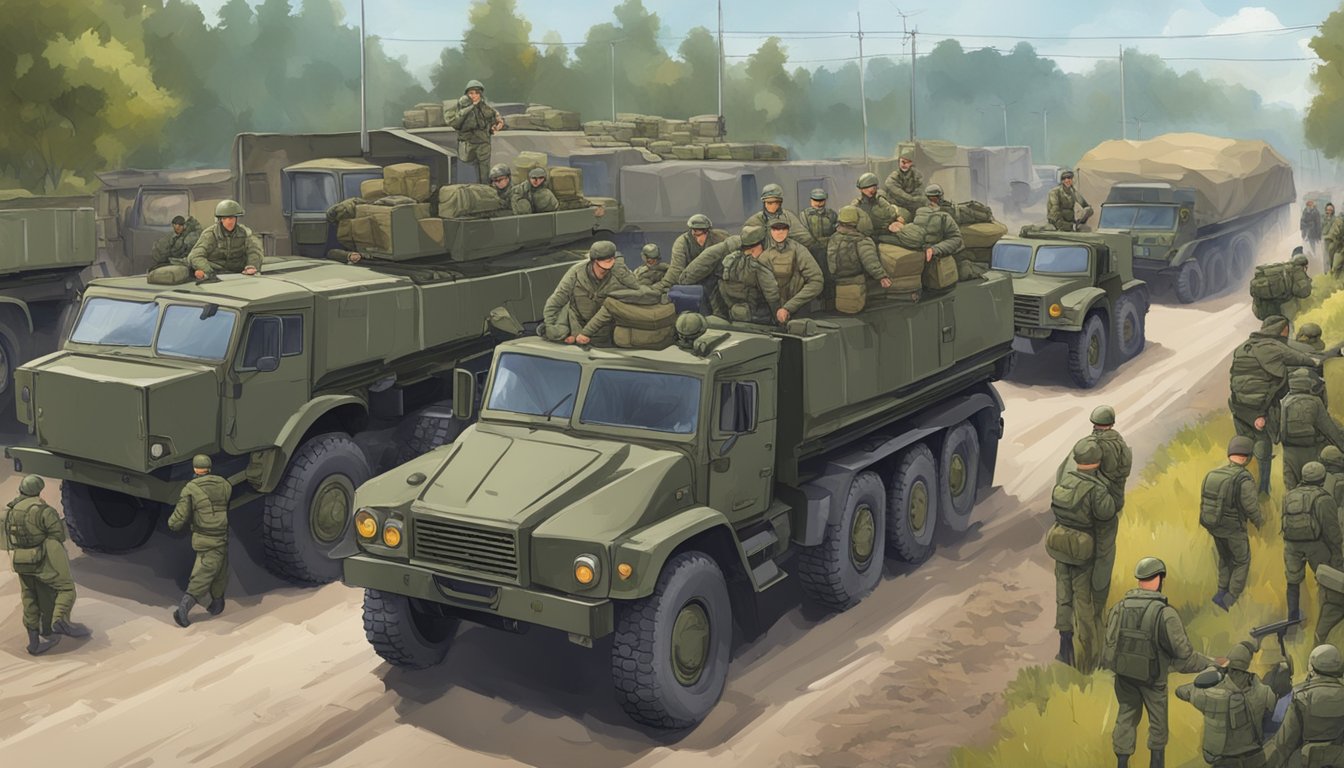 A convoy of military vehicles and supplies is being unloaded and distributed to Ukrainian forces by a group of uniformed personnel