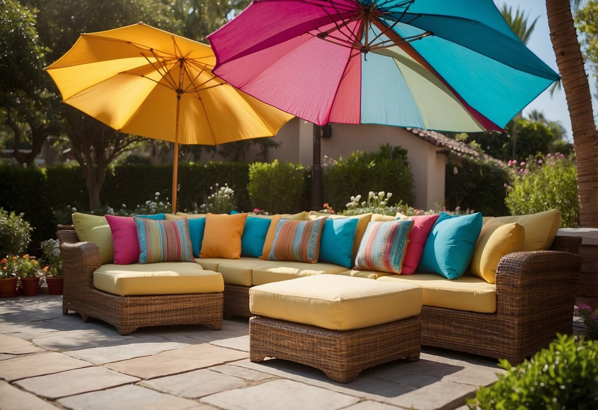 Brightly colored outdoor patio furniture cushion covers neatly arranged on a wicker sofa and chairs, with a matching umbrella providing shade