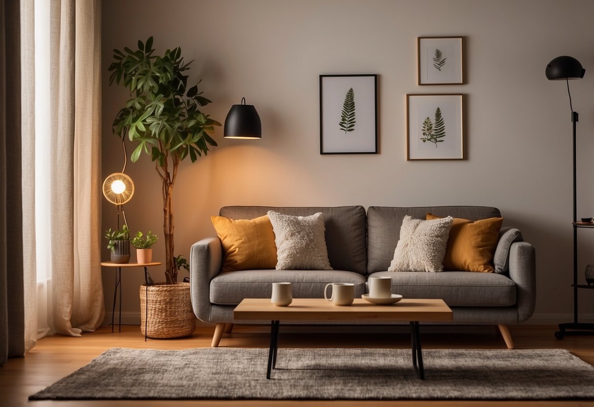 A cozy living room with a sofa, coffee table, and bookshelf. A floor lamp casts a warm glow, and a rug ties the space together