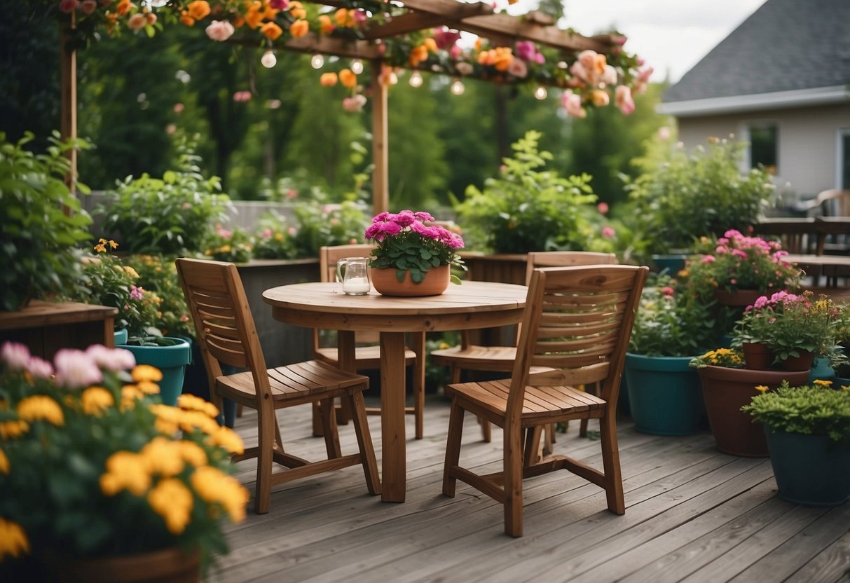 A cozy patio in Edmonton, with a wooden table and chairs, surrounded by lush greenery and colorful flowers