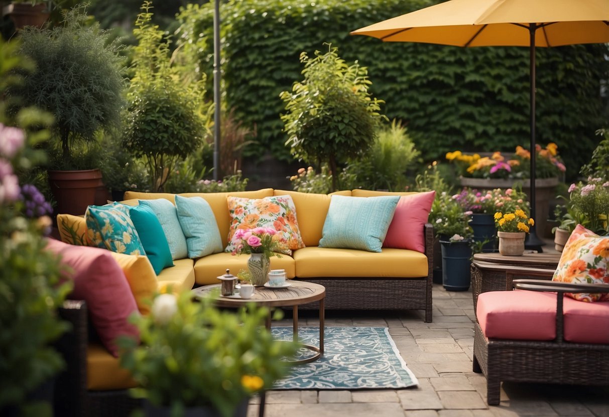 A sunny outdoor patio with colorful cushion covers on the furniture, surrounded by lush greenery and blooming flowers