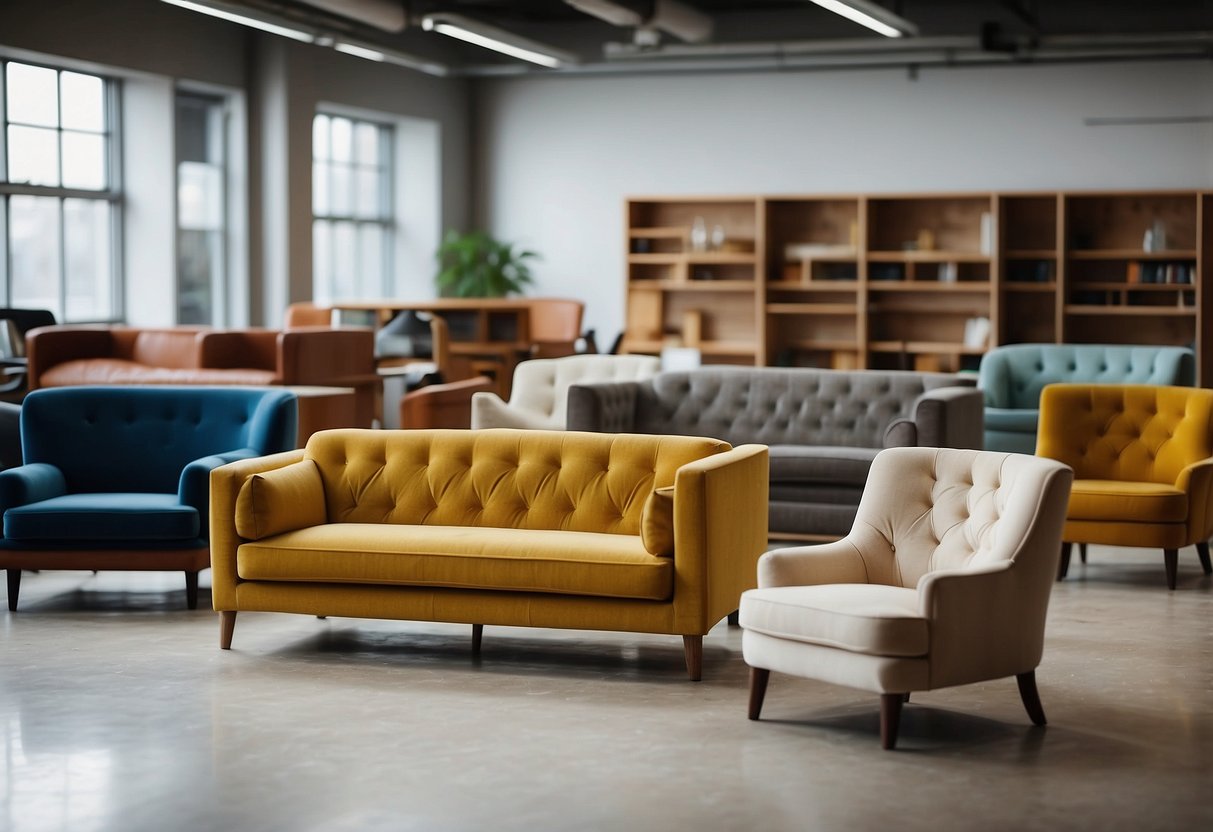 A room filled with various types of furniture, including chairs, tables, sofas, and shelves, arranged in an organized and visually appealing manner
