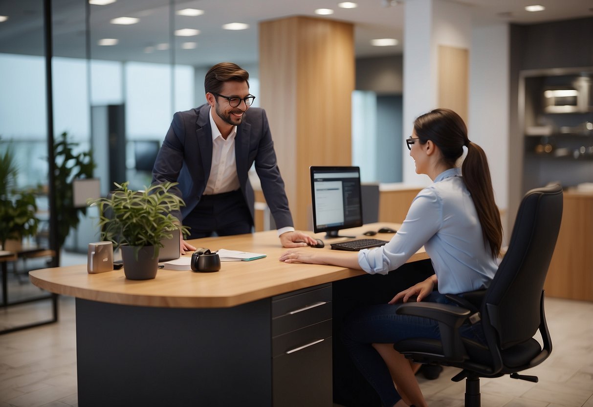 A customer service representative assists a client with furniture inquiries and orders
