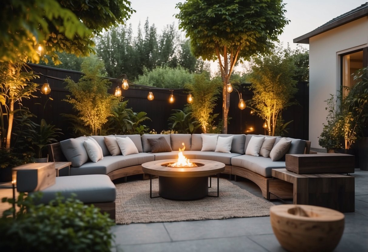 A cozy outdoor patio with a modern sectional sofa, a fire pit, and a dining set surrounded by lush greenery and soft ambient lighting