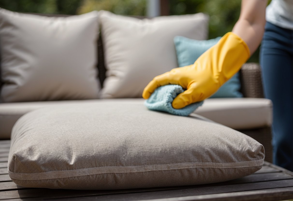 A hand reaches out to remove a cushion cover from outdoor patio furniture, revealing a well-maintained and clean cushion underneath. A small brush and cleaning solution sit nearby, ready for use