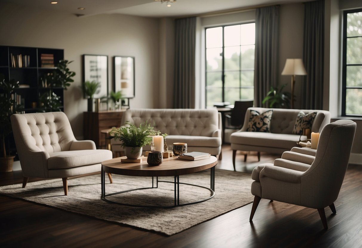 A room with various furniture pieces labeled "Frequently Asked Questions" in bold letters