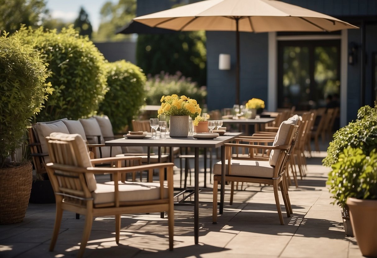 A sunny patio with a variety of outdoor furniture, including tables, chairs, and umbrellas. The space is inviting and well-organized, with a clean and modern aesthetic