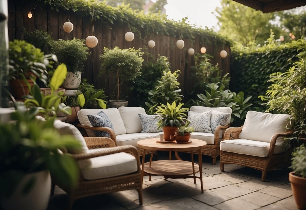 A cozy outdoor patio with various cushion covers on chairs and sofas, surrounded by lush greenery and potted plants