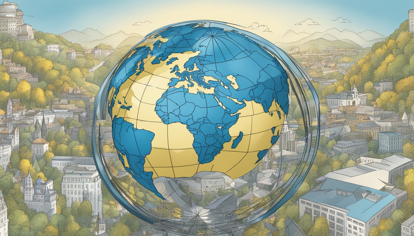 Volcom's logo displayed on a globe, with Ukraine highlighted. A corporate responsibility statement and global political symbols surrounding the globe