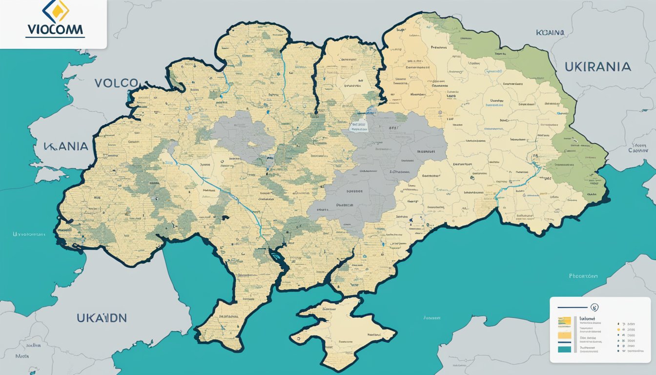 The scene shows a map of Ukraine with economic data and a Volcom logo in support