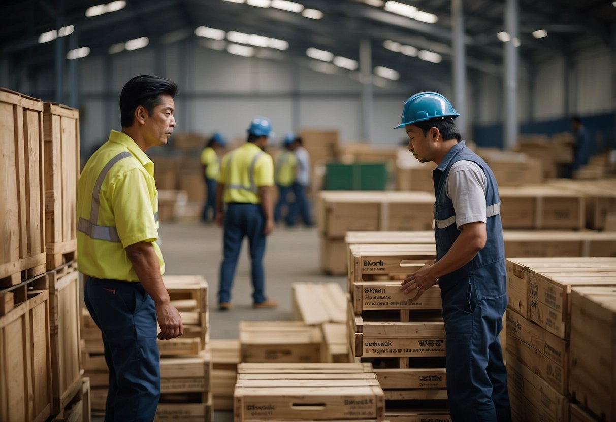 A warehouse filled with wooden furniture crates labeled "Kayu Furniture Imports", surrounded by workers unloading and inspecting the shipments