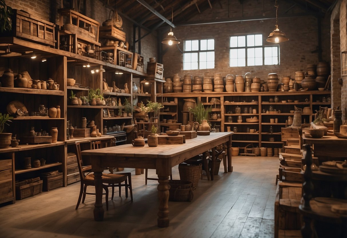 A rustic wooden warehouse filled with unique imported furniture, shelves lined with handcrafted pieces, and the scent of exotic woods fills the air