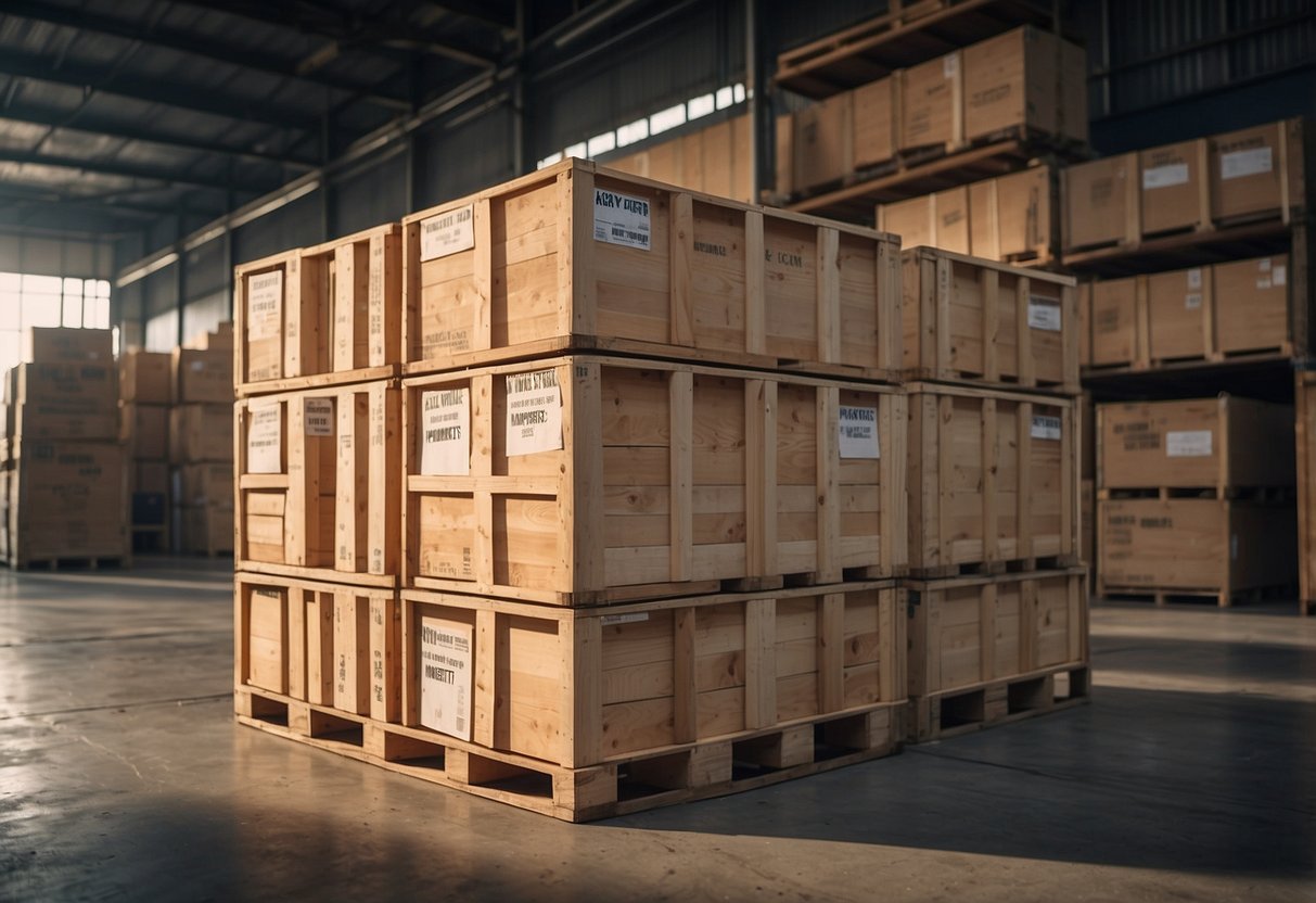 A wooden crate labeled "Kayu Furniture Imports" sits in a warehouse, surrounded by stacked boxes and pallets