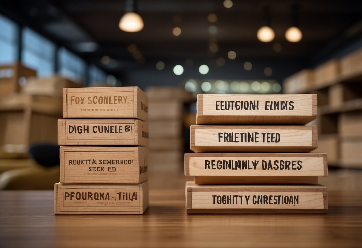 A stack of imported kayu furniture with a sign reading "Frequently Asked Questions" next to it