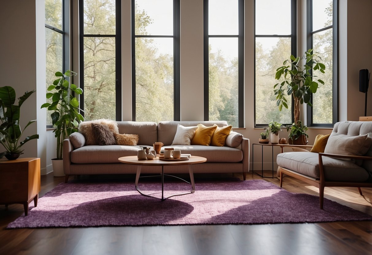 A cozy living room with modern Knock Knock furniture, featuring a sleek sofa, a stylish coffee table, and a vibrant area rug