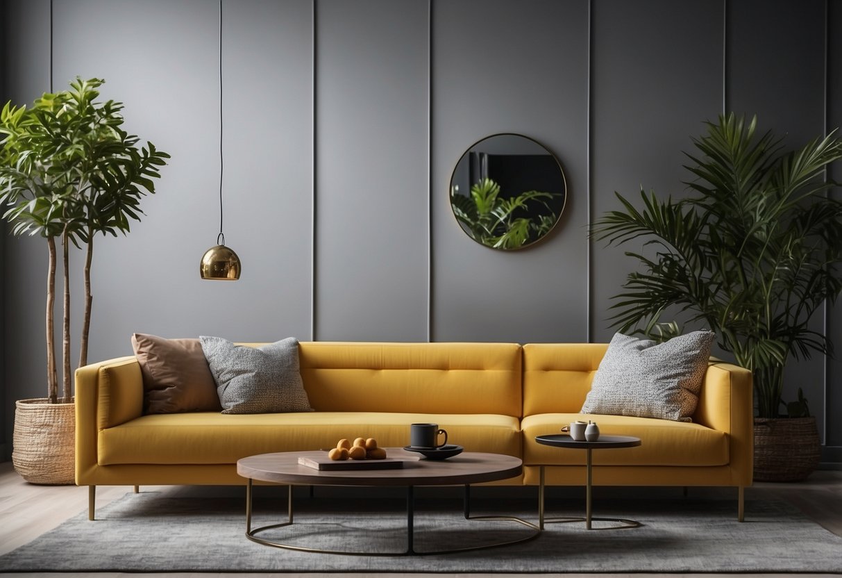 A modern living room with a sleek, minimalist design. A knock knock knock branded coffee table and chair add a pop of color and style to the space