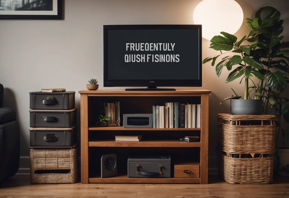 A stack of furniture with a "Frequently Asked Questions" sign on top