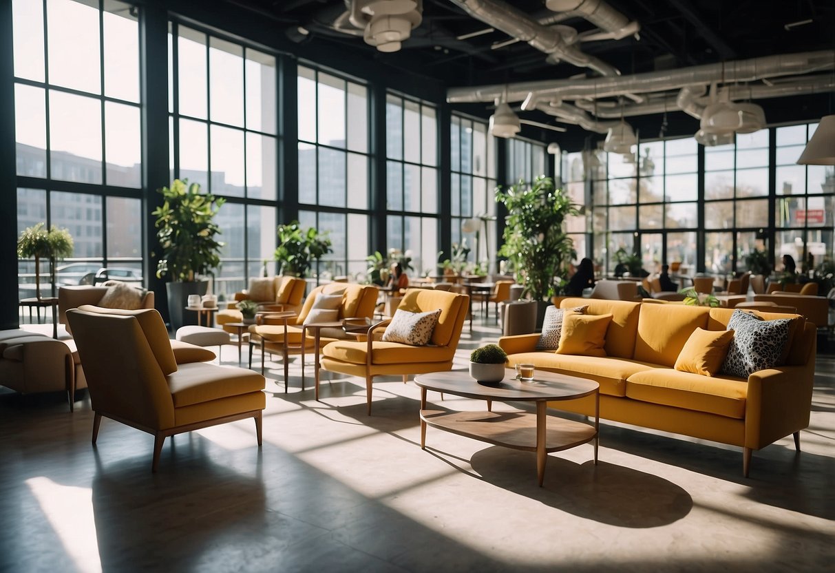 A bustling plaza with modern furniture displays, vibrant colors, and sleek designs. Shoppers browse the stylish arrangements, while the sunlight streams in through the large windows