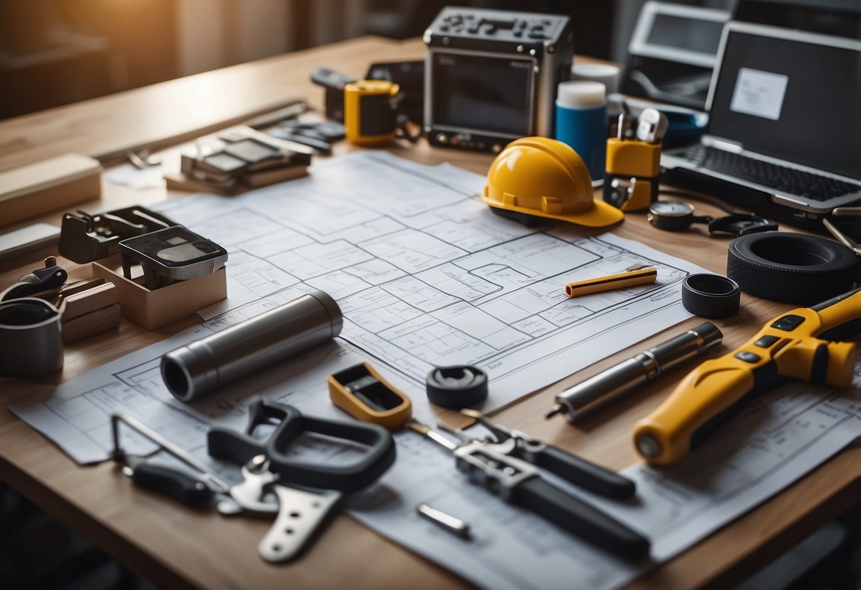 A workspace with PVC furniture plans spread out on a table, surrounded by measuring tools and materials