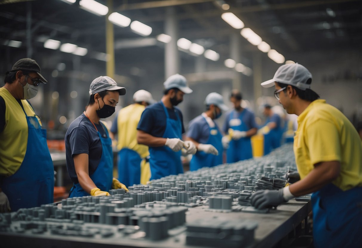 A factory floor busy with workers molding, shaping, and assembling recycled plastic into outdoor furniture