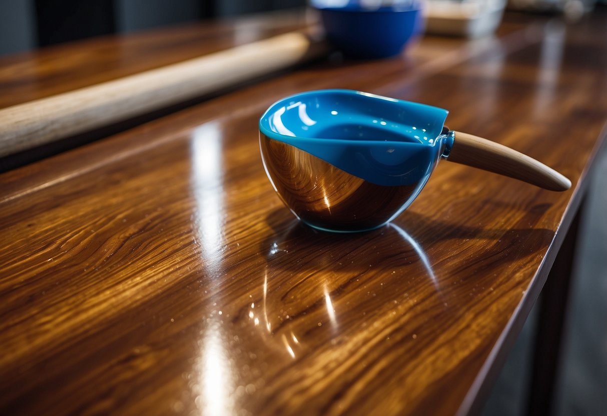 A wooden table being coated with glossy resin paint for furniture